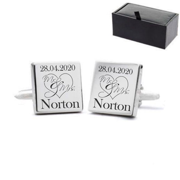 Engraved Square Cufflinks with Mr and Mrs Wedding Design