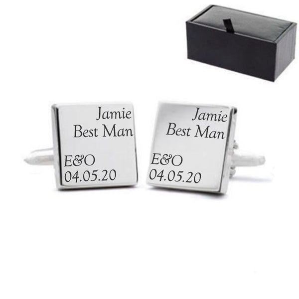 Engraved Square Cufflinks with Name and Role Wedding Design