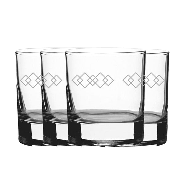 Engraved Squares Pattern Set of 4 Whiskey 11.5oz Glasses