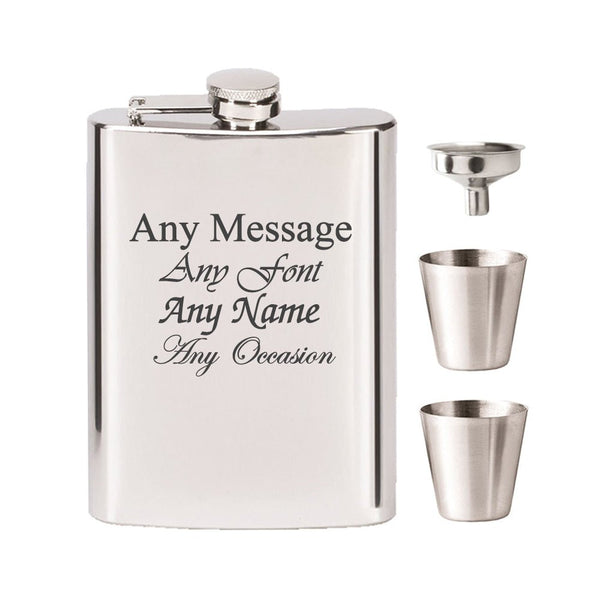 Engraved Stainless Steel 8oz Hip Flask with Funnel and Cups
