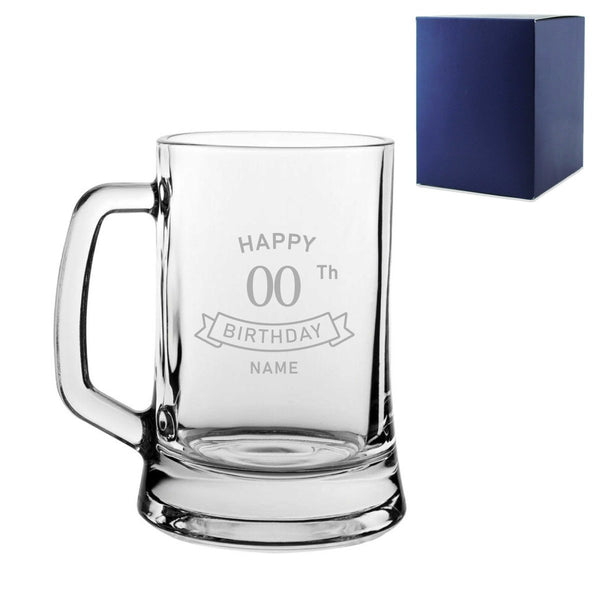 Engraved Tankard Beer Mug Stein Happy 20th, 30th, 40th, 50th ... Birthday Banner Design Gift Boxed