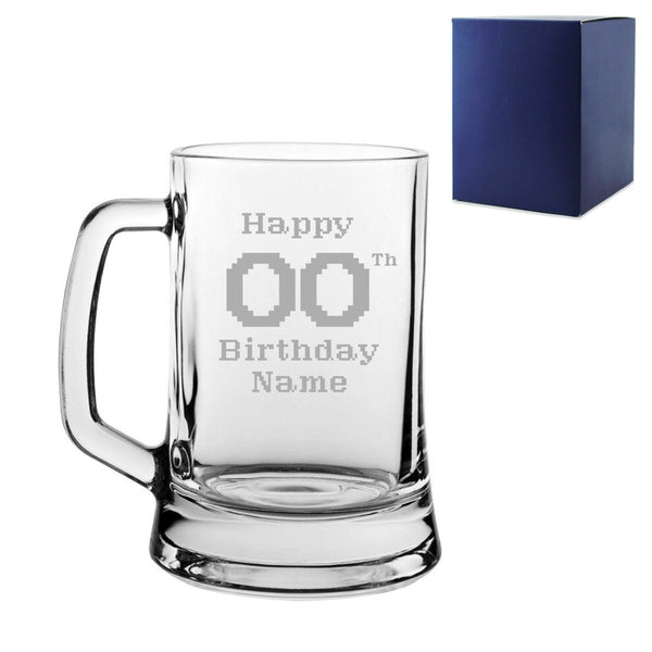 Engraved Tankard Beer Mug Stein Happy 20th, 30th, 40th, 50th ... Birthday Pixelated Design Gift Boxed