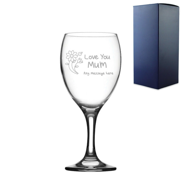 Engraved Wine Glass 12oz With Love You Mum Flower Design Gift Boxed