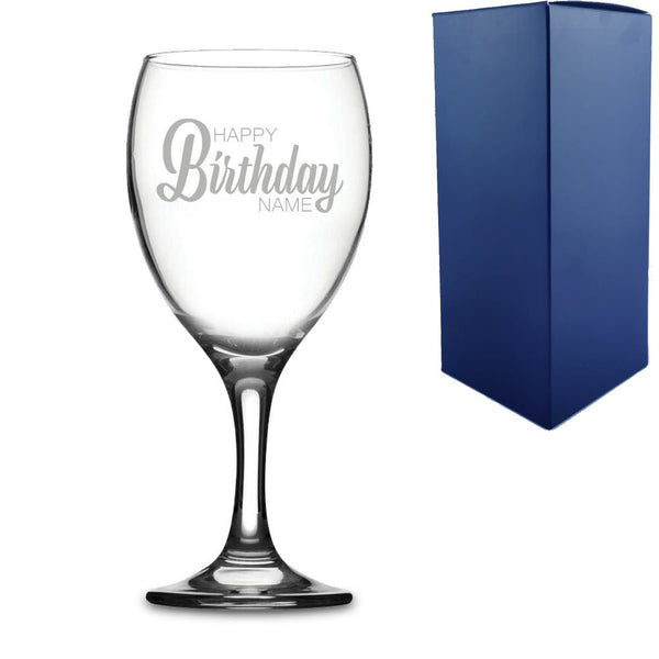 Engraved Wine Glass with Happy Birthday Name Design