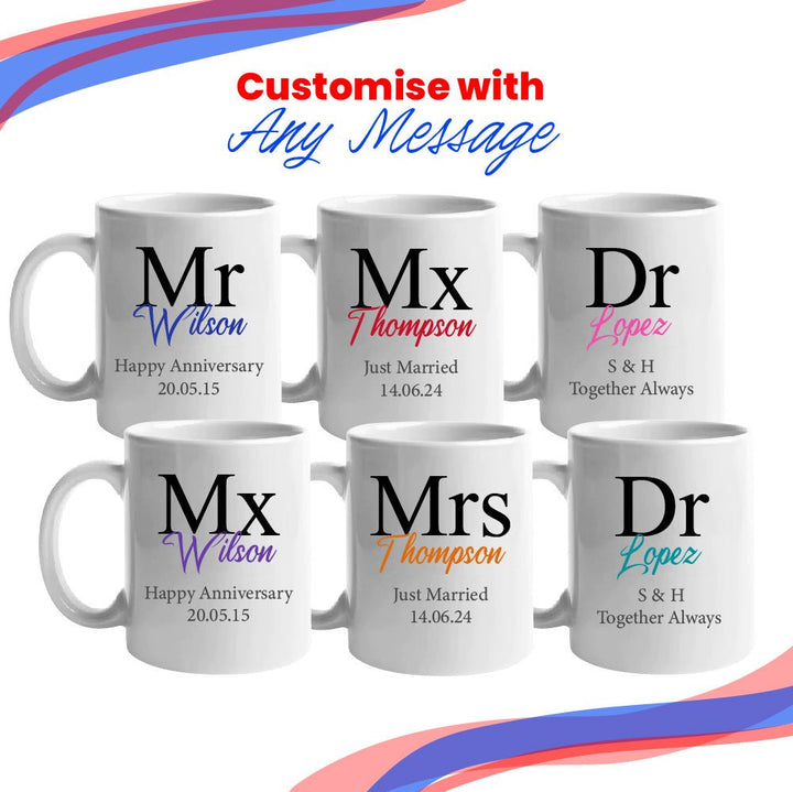 Gender Neutral Wedding Mug Set, Mx and Mx Classic Font Design