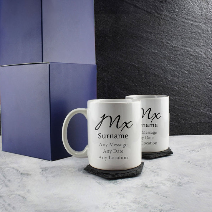 Gender Neutral Wedding Mug Set, Mx and Mx Elegant Font Design