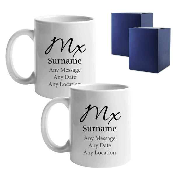 Gender Neutral Wedding Mug Set, Mx and Mx Elegant Font Design