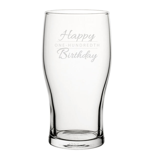 Happy 100th Birthday Modern Design - Engraved Novelty Tulip Pint Glass