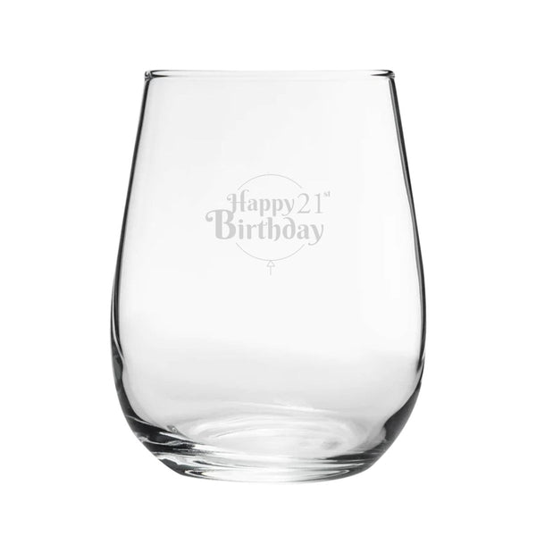 Happy 21st Birthday Balloon Design - Engraved Novelty Stemless Wine Gin Tumbler