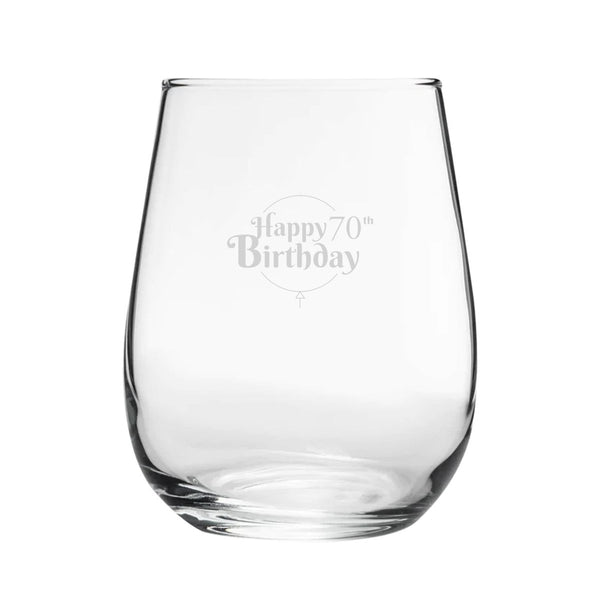 Happy 70th Birthday Balloon Design - Engraved Novelty Stemless Wine Gin Tumbler