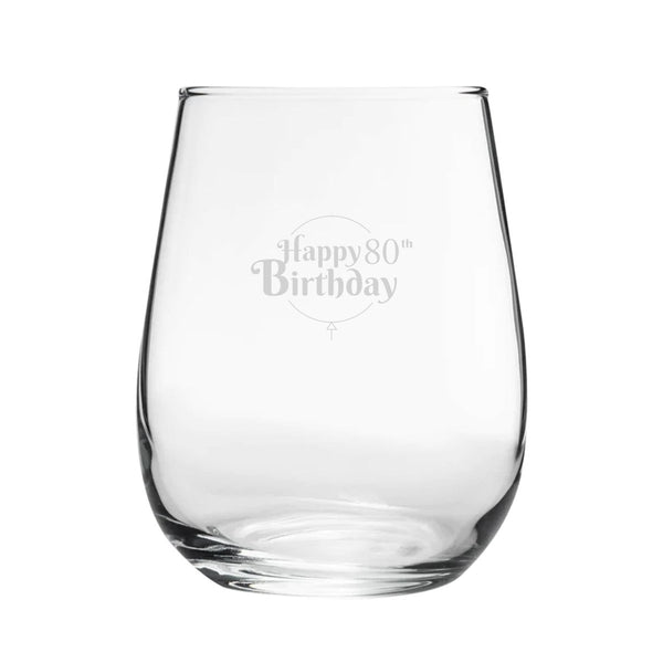 Happy 80th Birthday Balloon Design - Engraved Novelty Stemless Wine Gin Tumbler