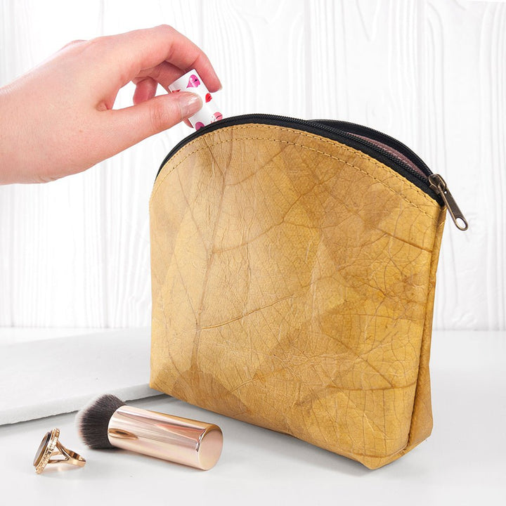 Leaf Leather Curved Zip Cosmetic Bag