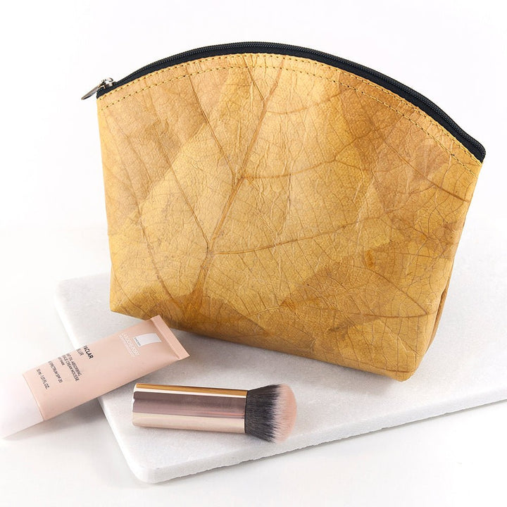 Leaf Leather Curved Zip Cosmetic Bag