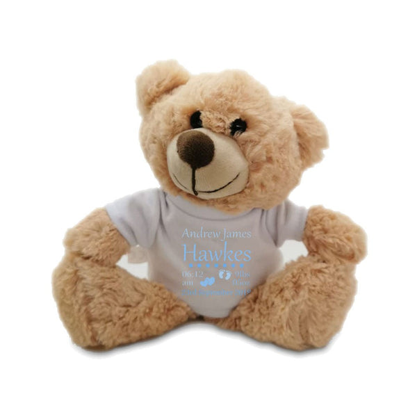 Light Brown Teddy Bear Toy with T-shirt with Newborn Baby Design in Blue