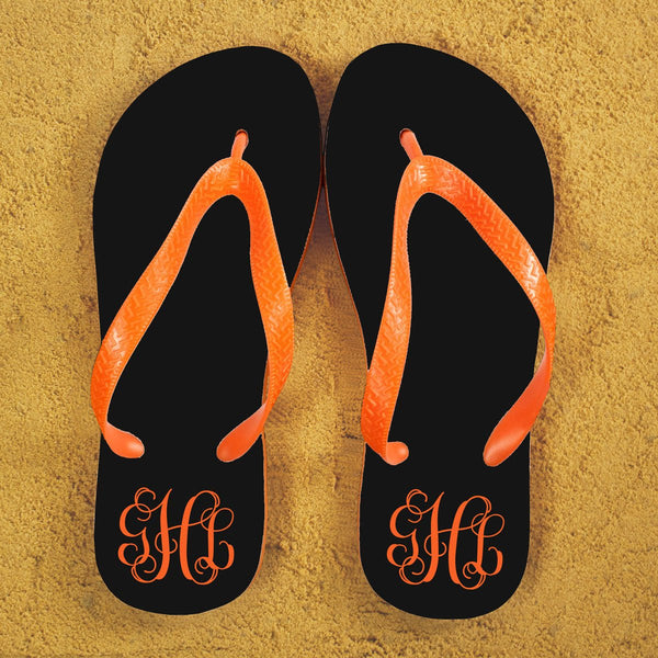 Monogrammed Flip Flops in Black and Orange