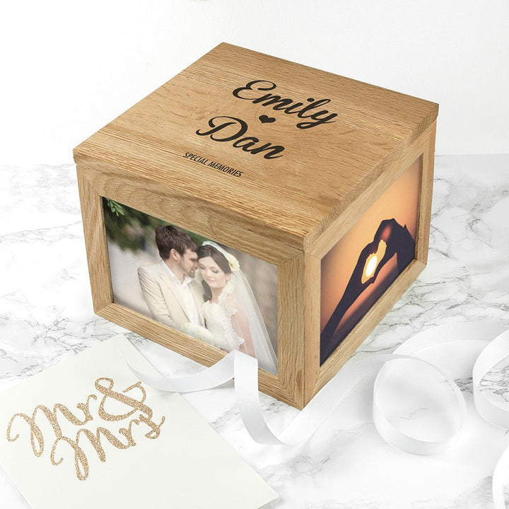 Oak Photo Keepsake Box Couple Name and Heart