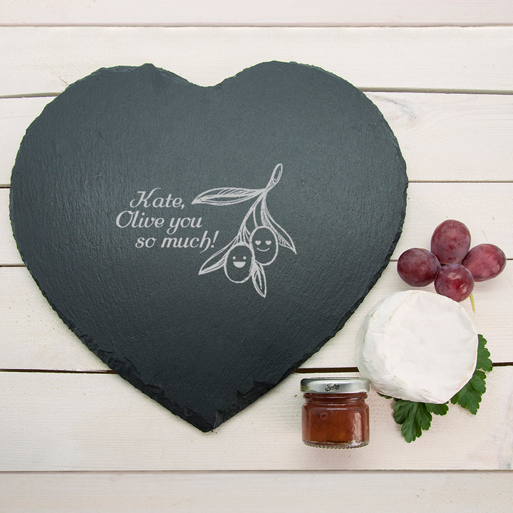 Romantic Pun Olive You So Much" Heart Slate Cheese Board"