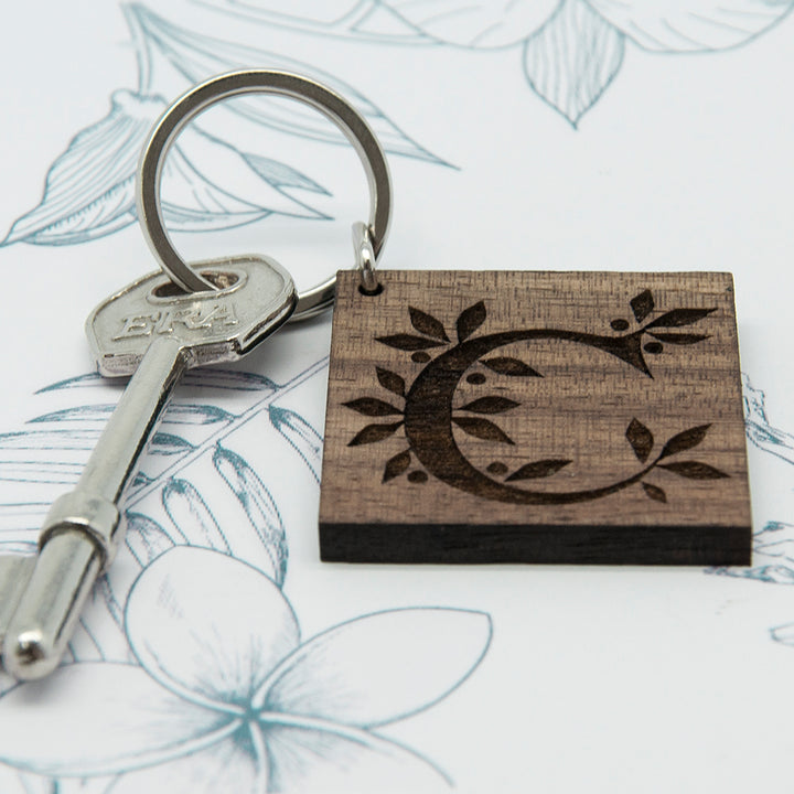 Square Wooden Key Ring - Initial decorated with leaves