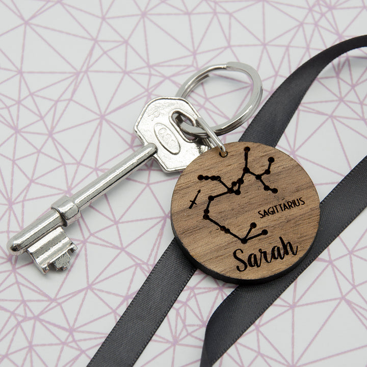 Round Wooden Key Ring - Zodiac sign and name