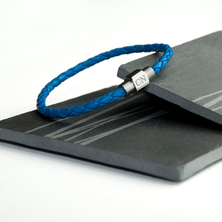 Personalised Men's Woven Leather Bracelet in Cobalt Blue