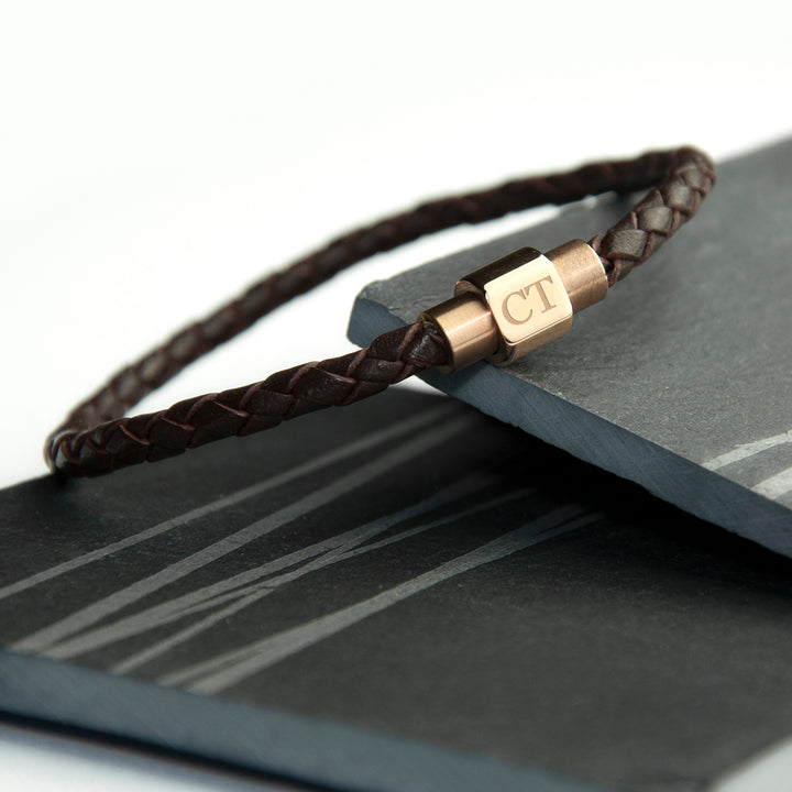 Personalised Men's Woven Leather Bracelet With Rose Gold Clasp