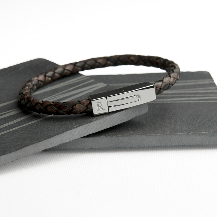 Personalised Men's Leather Bracelet With Tube Clasp