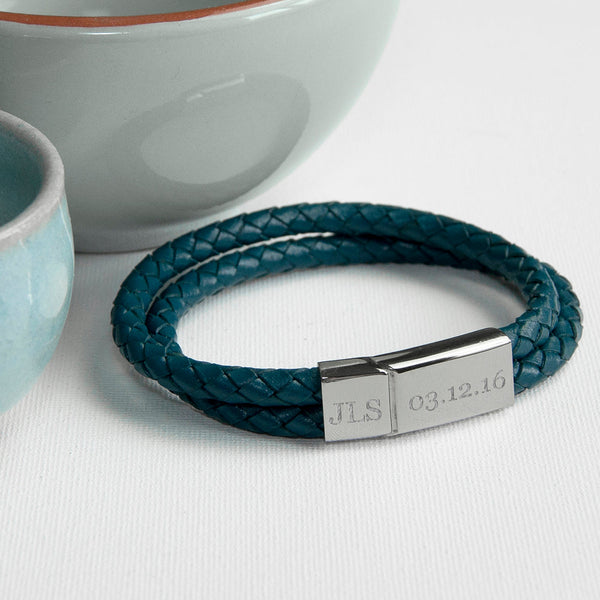 Personalised Men's Dual Leather Woven Bracelet in Teal