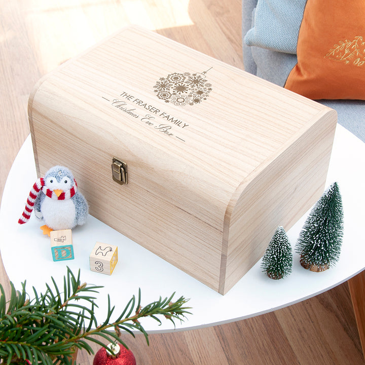Personalised Family Christmas Eve Chest With Decorative Bauble Design