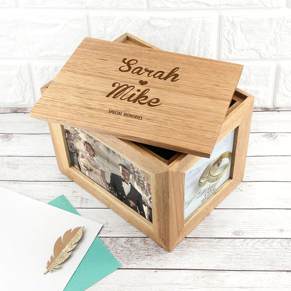 Personalised Name and Heart Midi Oak Photo Cube Keepsake Box