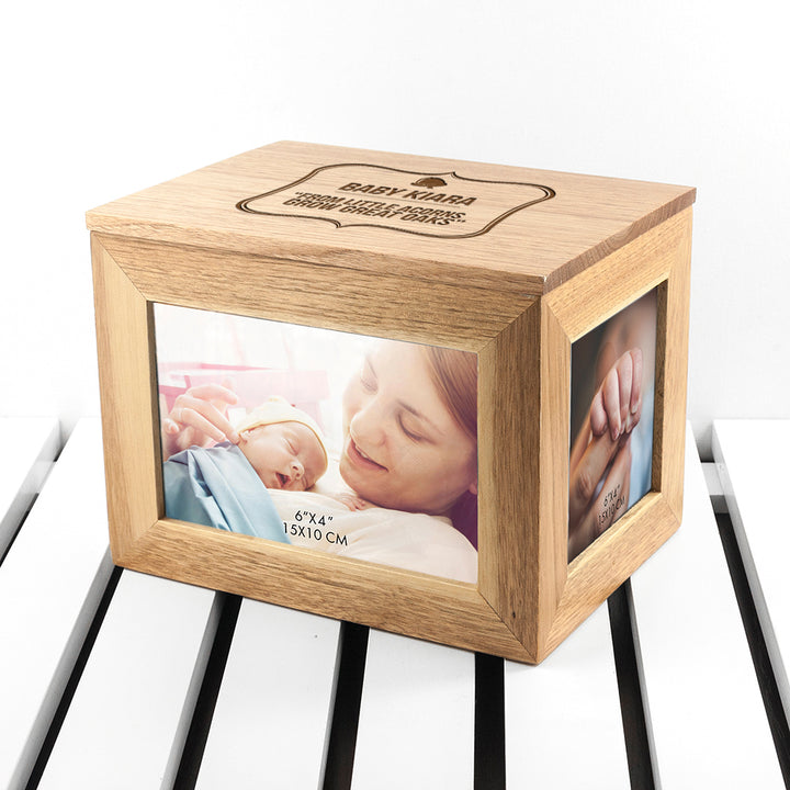 Personalised Little Acorn Midi Oak Photo Cube Keepsake Box