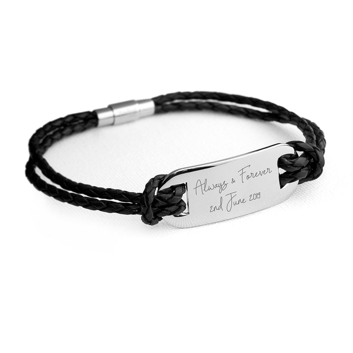 Personalised Handwriting Mens Black Leather Bracelet