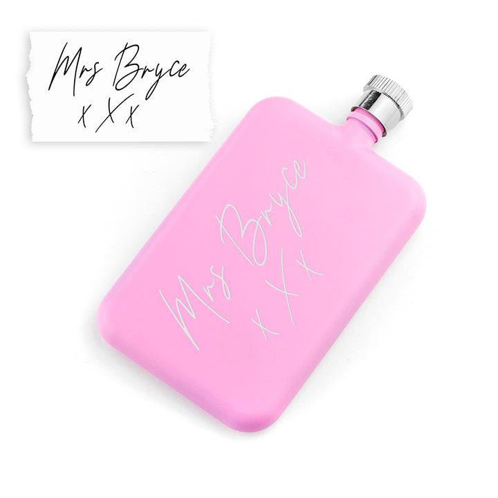 Personalised Handwriting Pink Slimline Flask