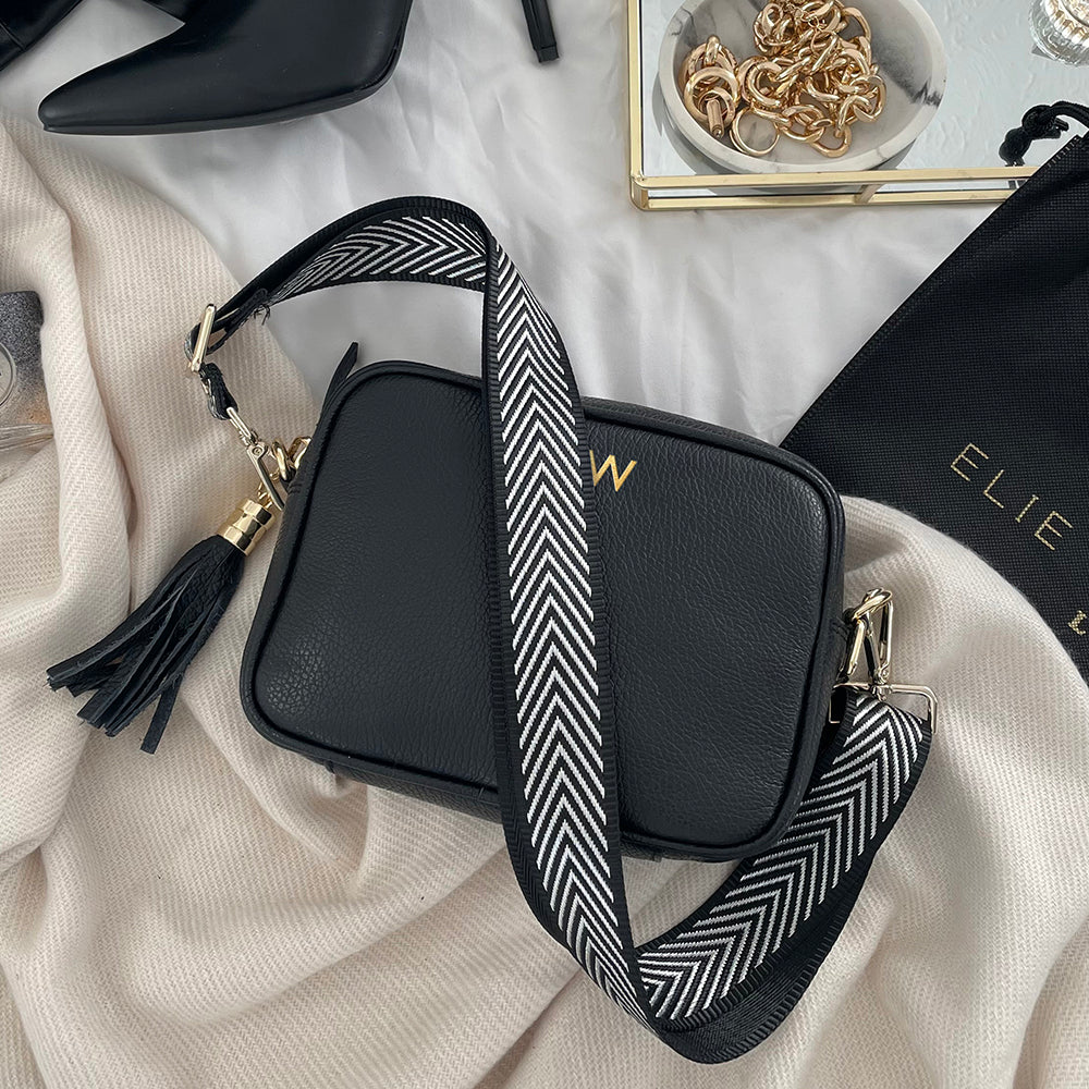 Personalised Elie Beaumont Black Bag with Silver Chevron Strap