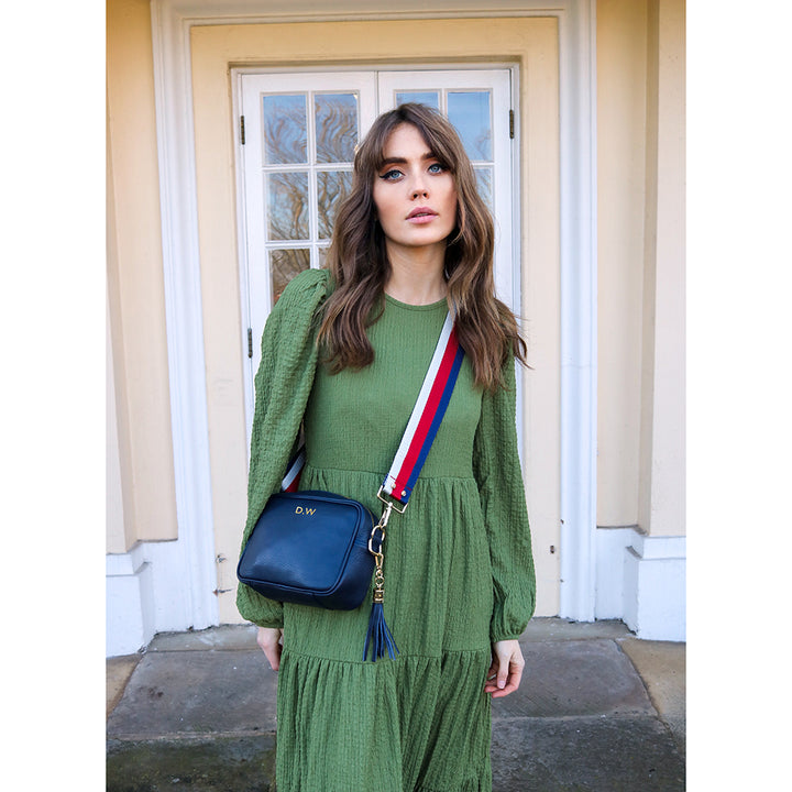 Personalised Elie Beaumont Navy Bag with Tricolour Strap