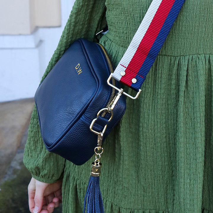 Personalised Elie Beaumont Navy Bag with Tricolour Strap