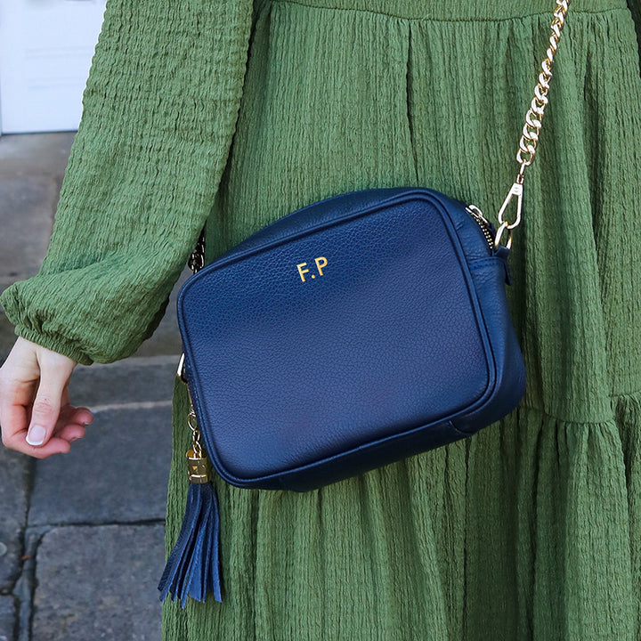 Personalised Elie Beaumont Navy Bag with Gold Chain Strap