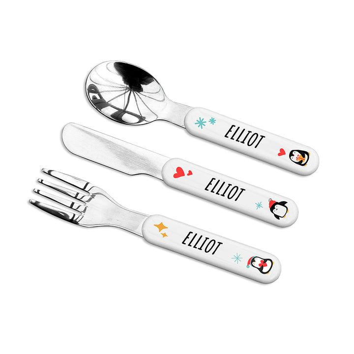 Personalised Kids Winter Penguin Cutlery Set - Metal