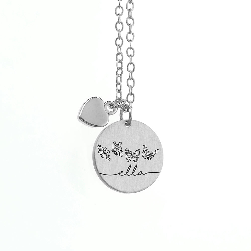 Personalised Butterfly Row Matte Heart & Disc Necklace
