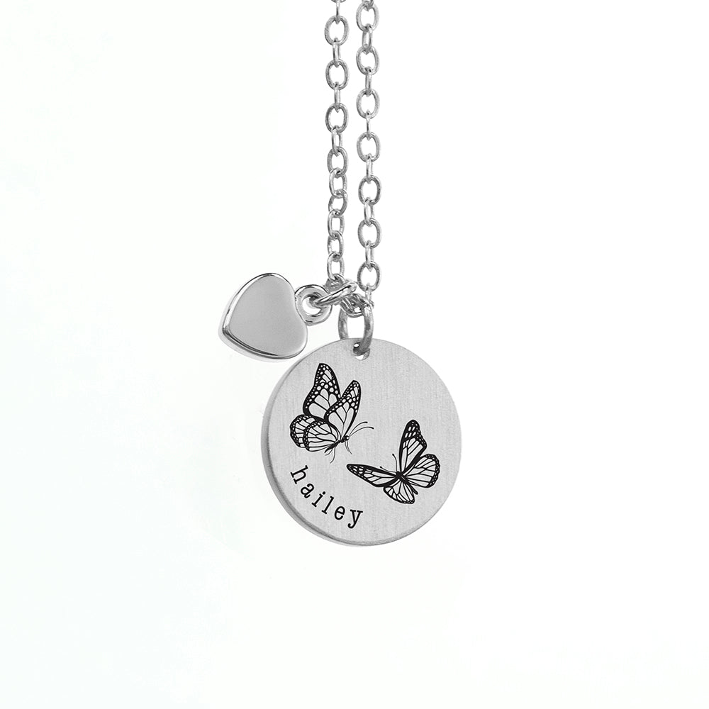 Personalised Butterfly Dance Matte Heart & Disc Necklace