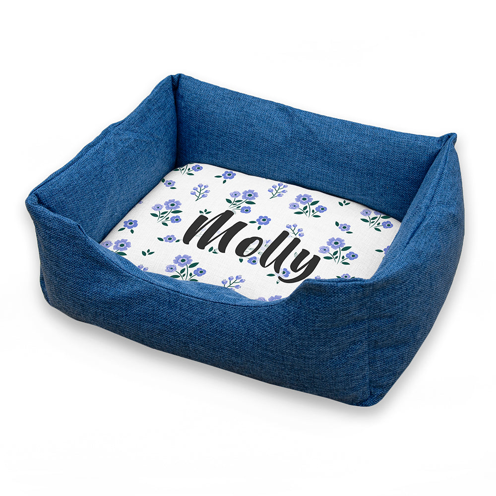 Personalised Blue Comfort Dog Bed with Blue Floral Design