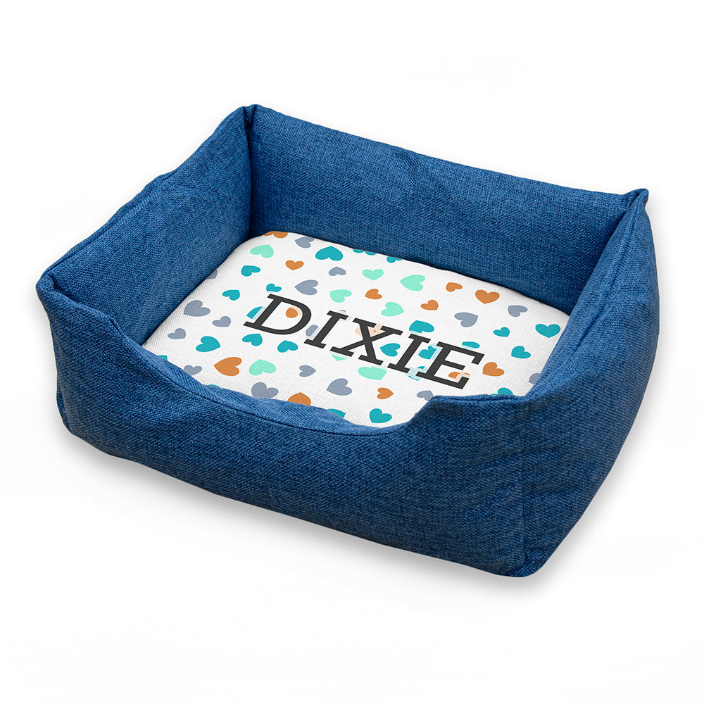 Personalised Blue Comfort Dog Bed with Hearts Design