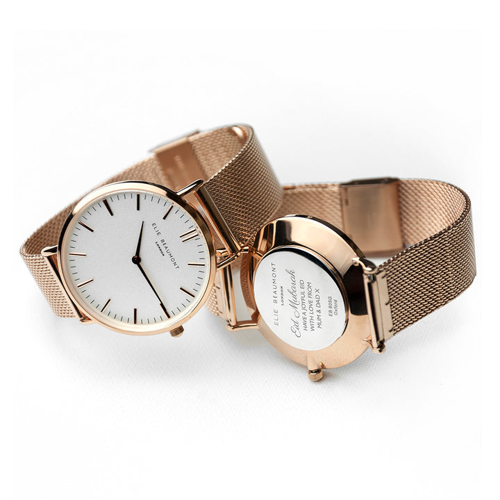 Personalised Eid Mubarak Elie Beaumont Ladies Rose Gold Mesh Strapped Watch With White Dial