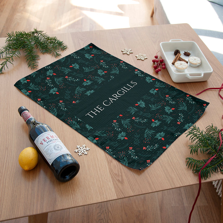 Personalised Christmas Holly Wallpaper Tea Towel
