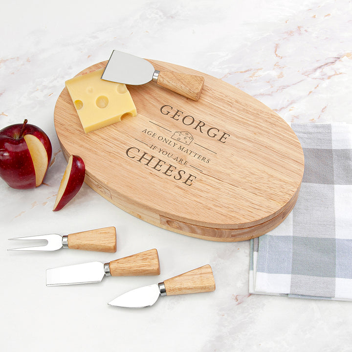 Personalised Cheese Pun Oval Wooden Cheese Board Set