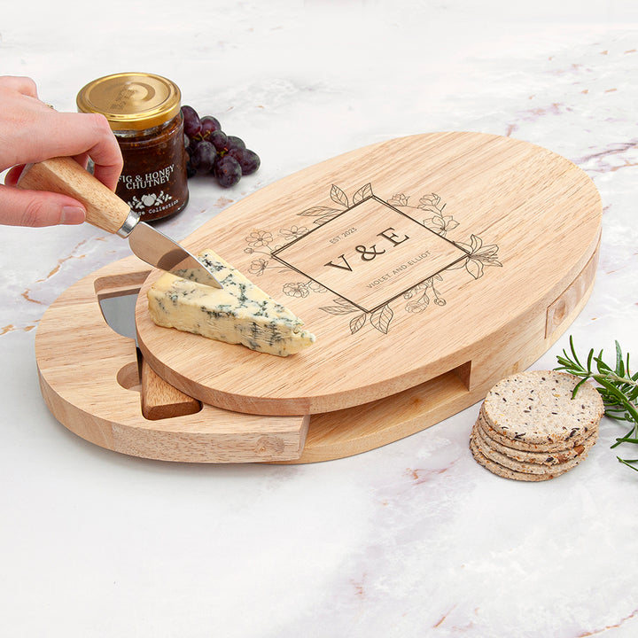 Personalised Floral Frame Oval Wooden Cheese Board Set