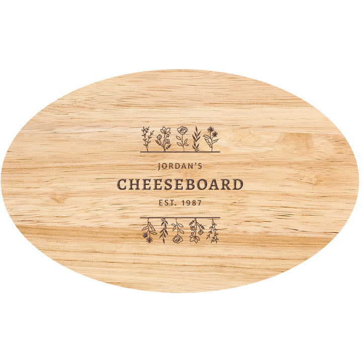 Personalised Mirrored Floral Oval Wooden Cheese Board Set