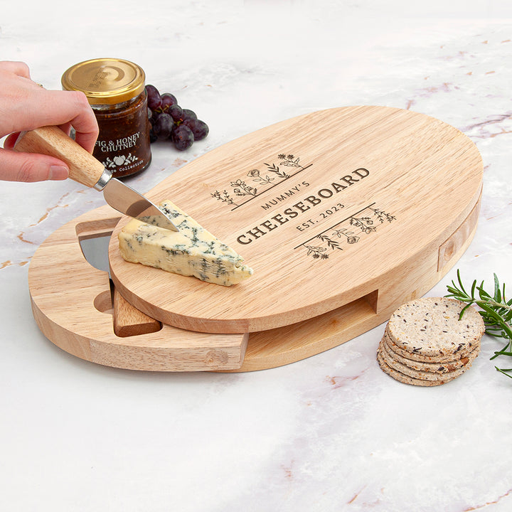Personalised Mirrored Floral Oval Wooden Cheese Board Set
