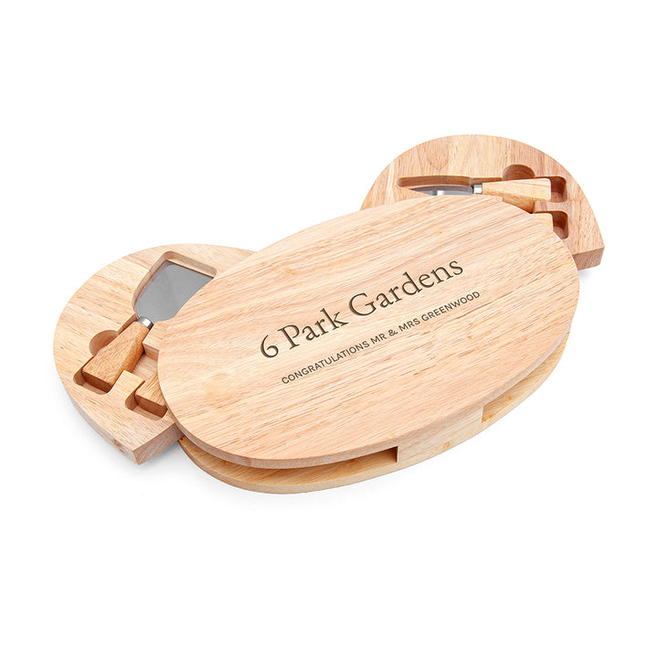 Personalised New Home Oval Wooden Cheese Board Set