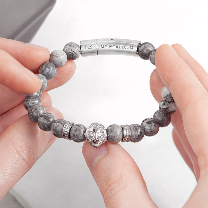 Personalised Men's Silver Lion Jasper Stone Bracelet