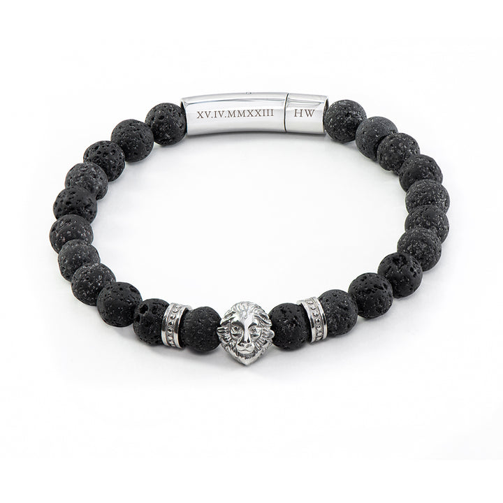 Personalised Men's Silver Lion Black Beaded Bracelet